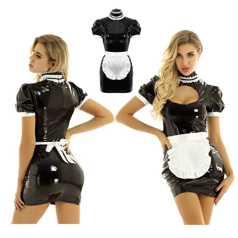 Womens Maid Cosplay Costume High Neck Breast Hollow Out Bodycon Mini Dress with Apron Wet Look Patent Leather Role Play Costume
Womens Maid Cosplay Costume High Neck Breast Hollow Out Bodycon Mini Dress with Apron Wet Look Patent Leather Role Play Costume