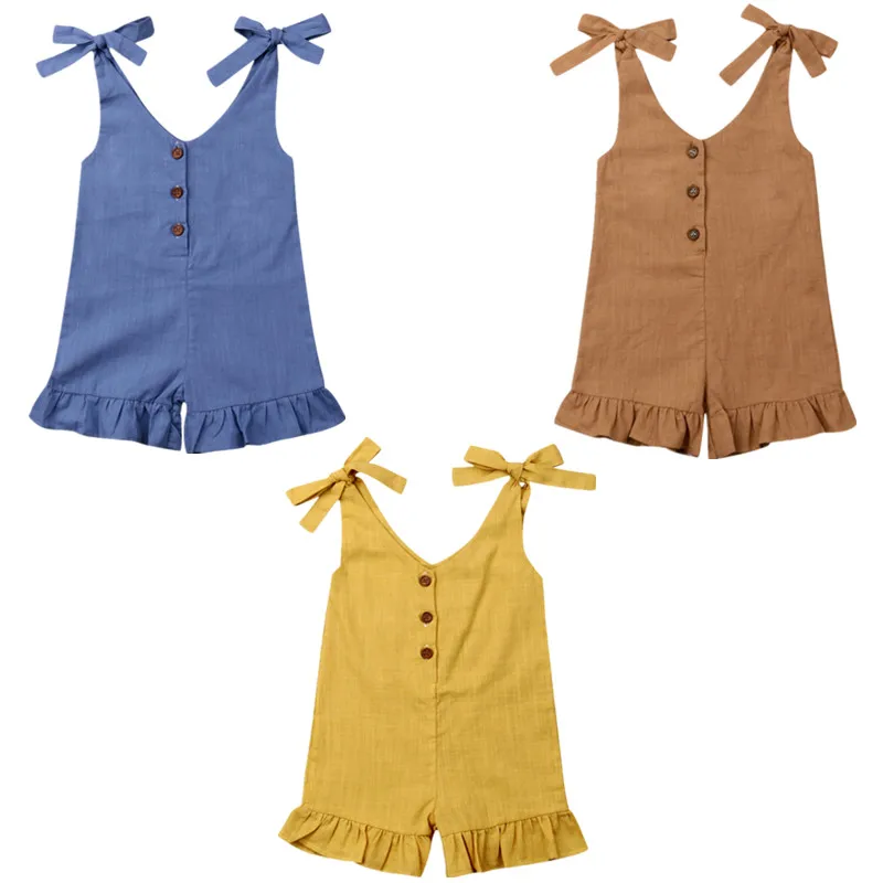 

Toddler Kids Baby Girl Romper Summer Button Sleeveless Ruffle Solid Caual Bodysuit Jumpsuit Overalls Outfits Sunsuit 1-6Y