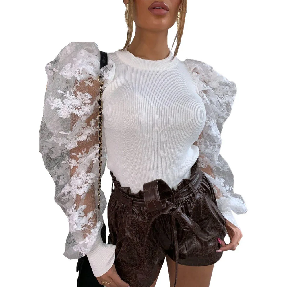 

Spring Autumn Floral Lace Puff Sleeve Ribbed Knitted Shirt Blouse Women Sweet Elegant Party Clubwear Ladies Tops Blusa Feminina