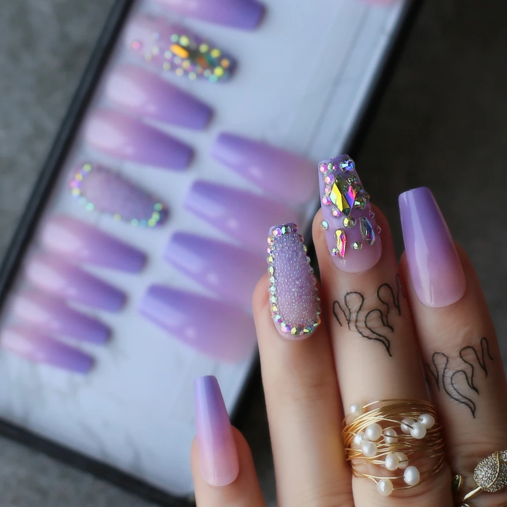 Box gift ombre Purple Lavender coffin false nails Crystal design design caviar Shaped drill Trapezoid fake nails Custom logo
Box gift ombre Purple Lavender coffin false nails Crystal design design caviar Shaped drill Trapezoid fake nails Custom logo