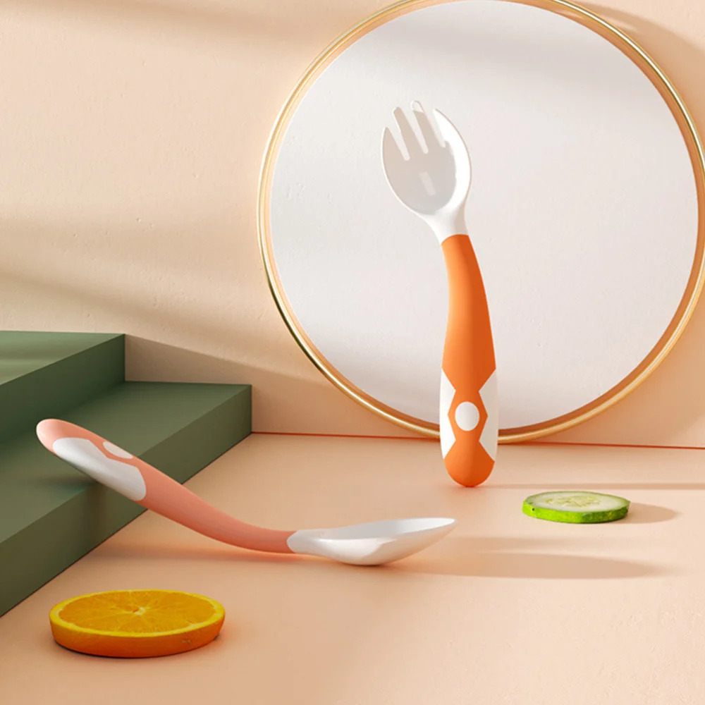 1 Set of Infant Dinnerware Kid Tableware Kid Eating Training Spoon Fork (Orange)