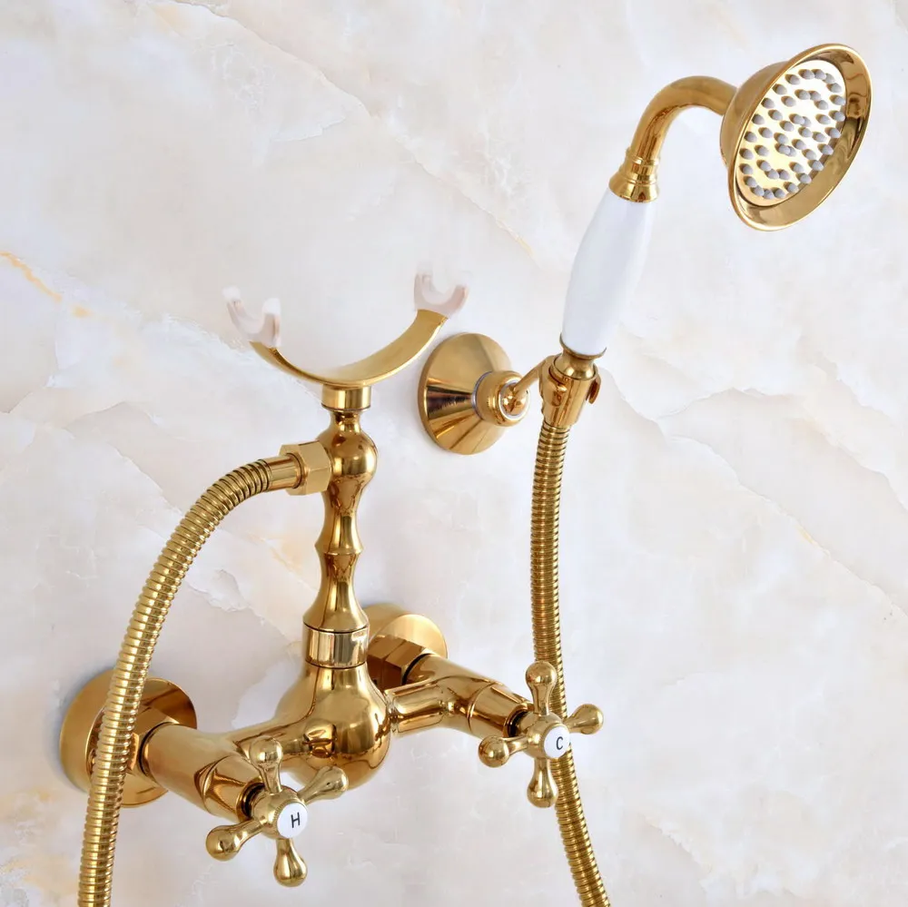 

Полированный роскошный золотистый латунный настенный смеситель для ванной комнаты, набор для душа с шлангом 1,5 м, Ручной смеситель с распылителем Dna938