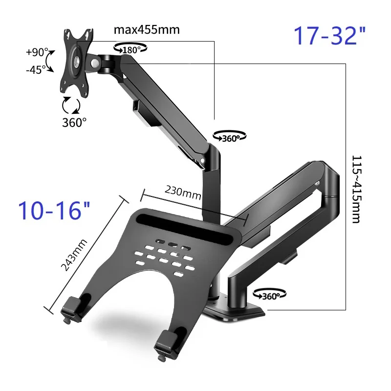 

Monitor Arm + Laptop Holder Full Dynamic Stand for 10-16" Laptops and 13-32" Computers LED LCD Screen Supports Tilt and Rotation