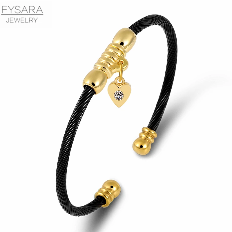 FYSARA Stainless Steel Cable Wire Thin Bracelets Bangles With Heart Charm Pulserias For Women Vintage Jewelry Gold | Украшения и