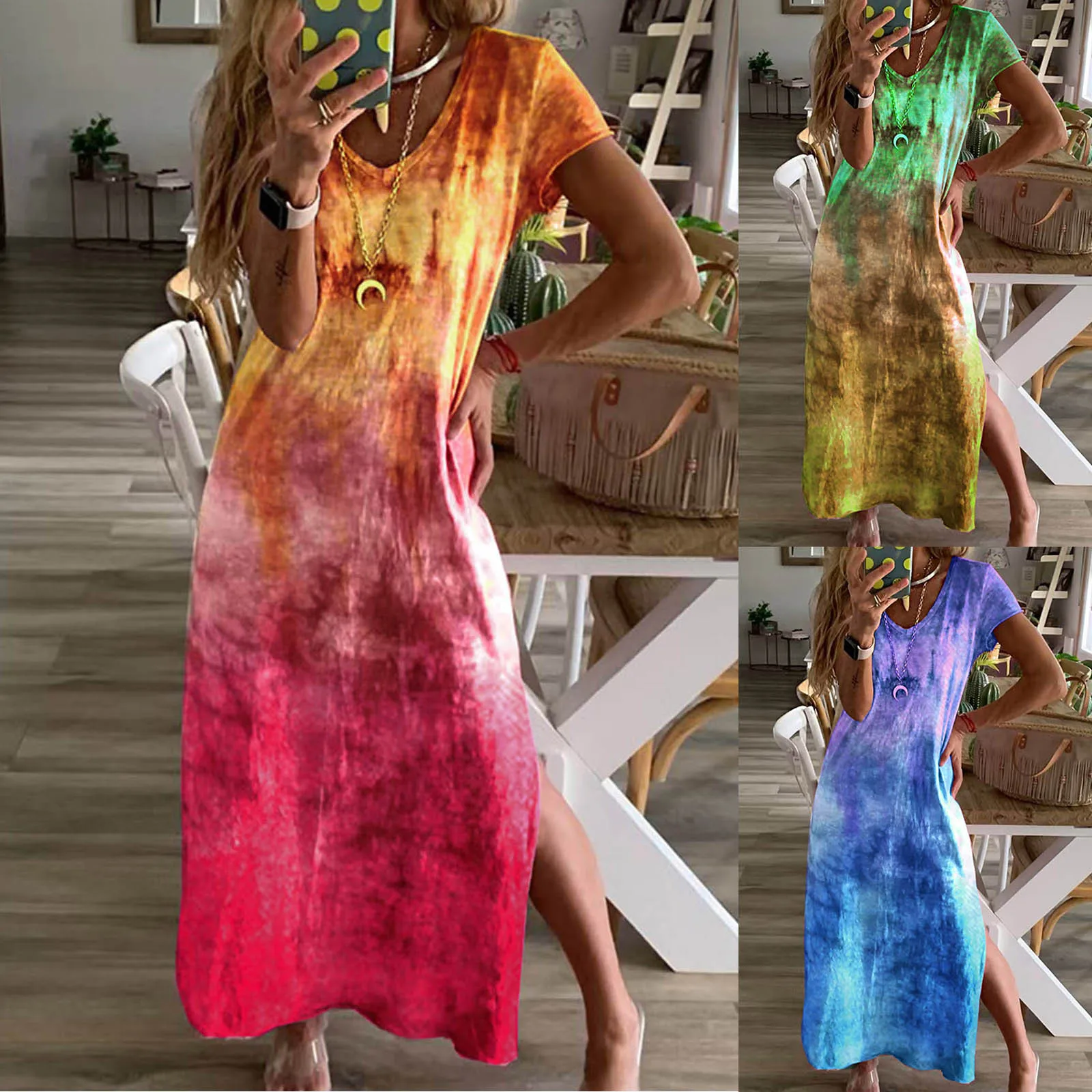 Women's T-Shirt Dress Summer V-Neck Tie-dye T Shirt Long Dress Loose Casual Short Sleeves Split T-shirts Dresses Платье Летне
Women's T-Shirt Dress Summer V-Neck Tie-dye T Shirt Long Dress Loose Casual Short Sleeves Split T-shirts Dresses Платье Летне