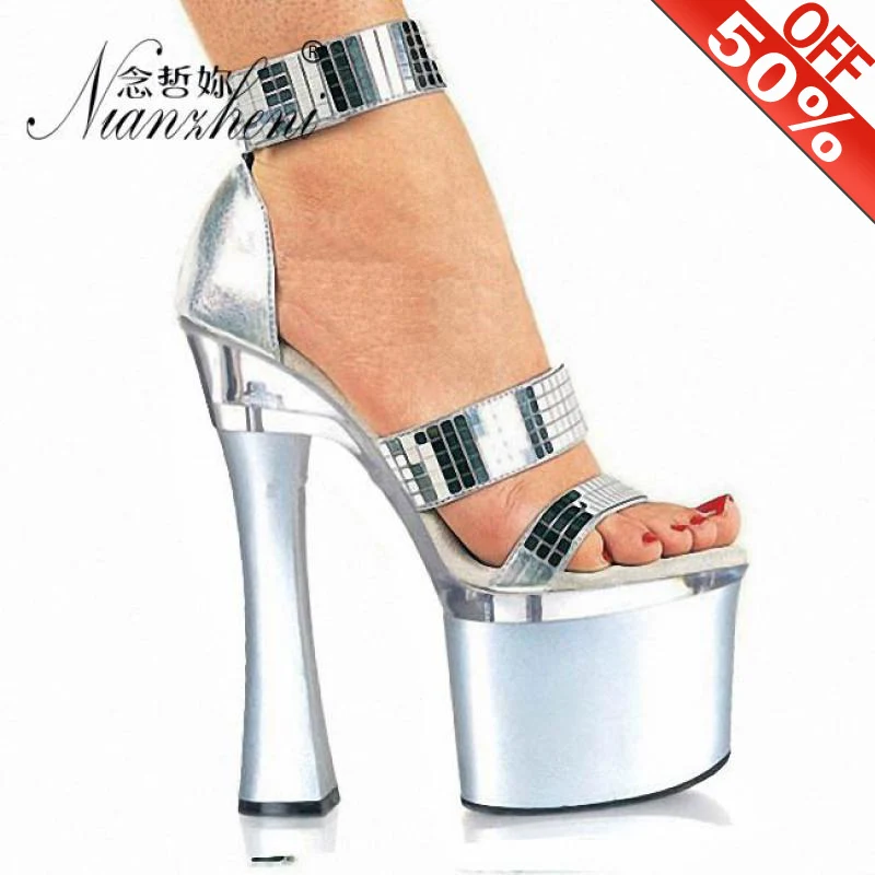Fashion Silver Bling Hook loop Spool heels Women's sandals 18cm High heeled shoes Thick platform 7 inches Novelty Cross dressing
Fashion Silver Bling Hook loop Spool heels Women's sandals 18cm High heeled shoes Thick platform 7 inches Novelty Cross dressing