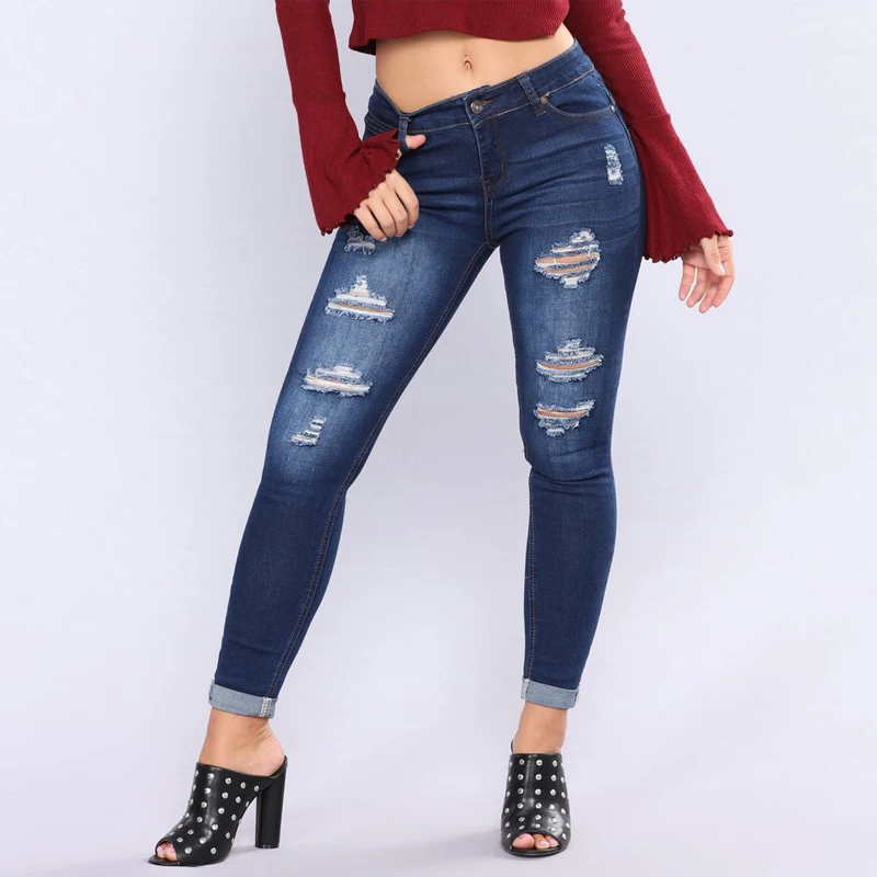 

Женские Эластичные рваные джинсы скинни с завышенной талией, джинсовые брюки-карандаш, уличная одежда