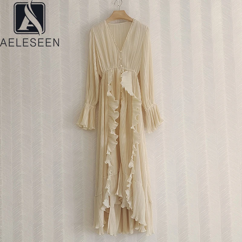 AELESEEN Women Spring Autumn Dress Runway Fashion Flare Sleeve V-Neck Beige Solid Ruffles Maxi Long Irregular Pleated Dresses
AELESEEN Women Spring Autumn Dress Runway Fashion Flare Sleeve V-Neck Beige Solid Ruffles Maxi Long Irregular Pleated Dresses