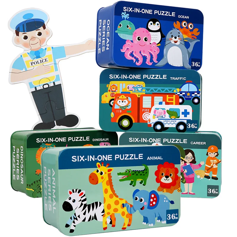 

Creative Wooden Puzzle Iron Box Kindergarten Children's Early Education Cartoon Puzzle Cognitive Interactive Parent Child Game