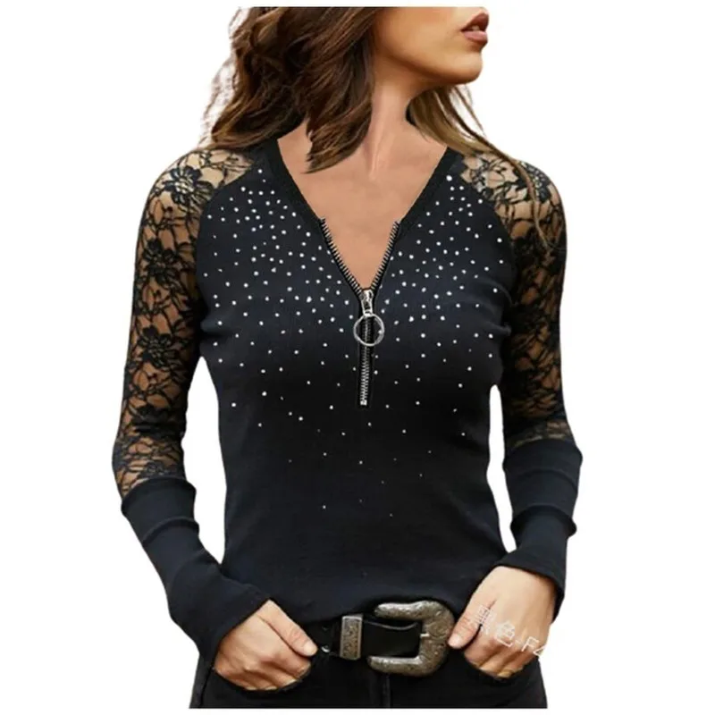 Mandylandy Women Elegant Lace Shirt Top Lady Sexy Long Sleeve Hollow Out V Neck Zipper Slim Fit T-shirt
Mandylandy Women Elegant Lace Shirt Top Lady Sexy Long Sleeve Hollow Out V Neck Zipper Slim Fit T-shirt