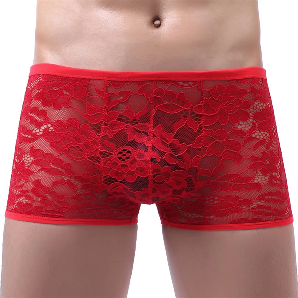 

Sexy Brief Men Sheer See Through Boxer Underwear Lace Shorts Underpants Fashion Gays Clothes Sissy Panties Inmitate Lingerie New