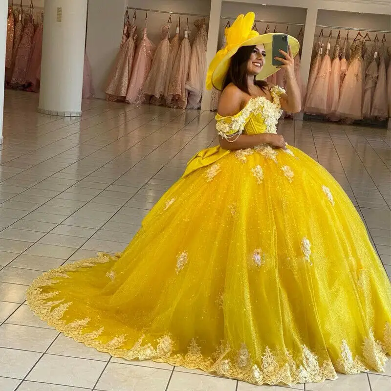 Yellow Ball Gown Quinceanera Dresses Off Shoulder Lace up Back Sweep Train Appliques Beads vestidos de 15 años vestidos quincea
Yellow Ball Gown Quinceanera Dresses Off Shoulder Lace up Back Sweep Train Appliques Beads vestidos de 15 años vestidos quincea