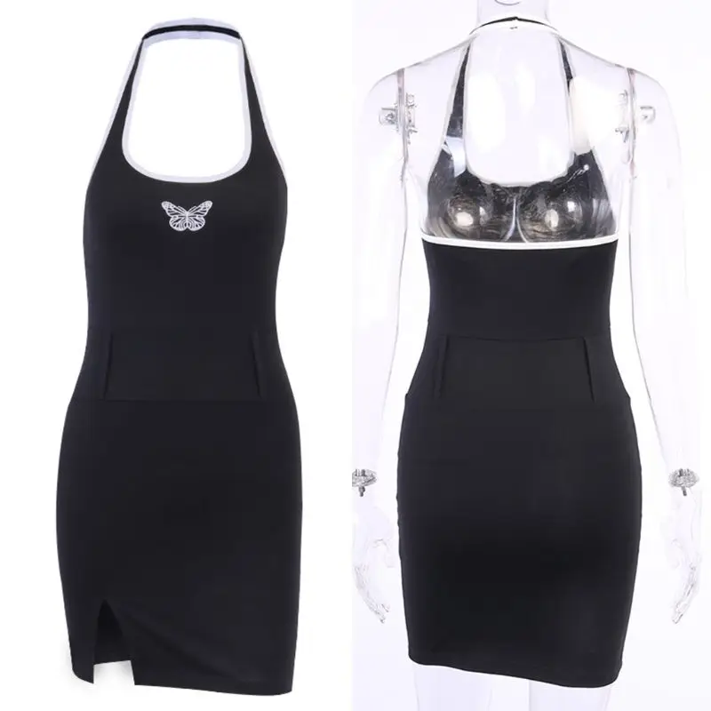 Women Sexy Sleeveless Halter Butterfly Embroidery Bodycon Mini Dress Gothic Harajuku Side Split High Waist Backless Summer Party
Women Sexy Sleeveless Halter Butterfly Embroidery Bodycon Mini Dress Gothic Harajuku Side Split High Waist Backless Summer Party