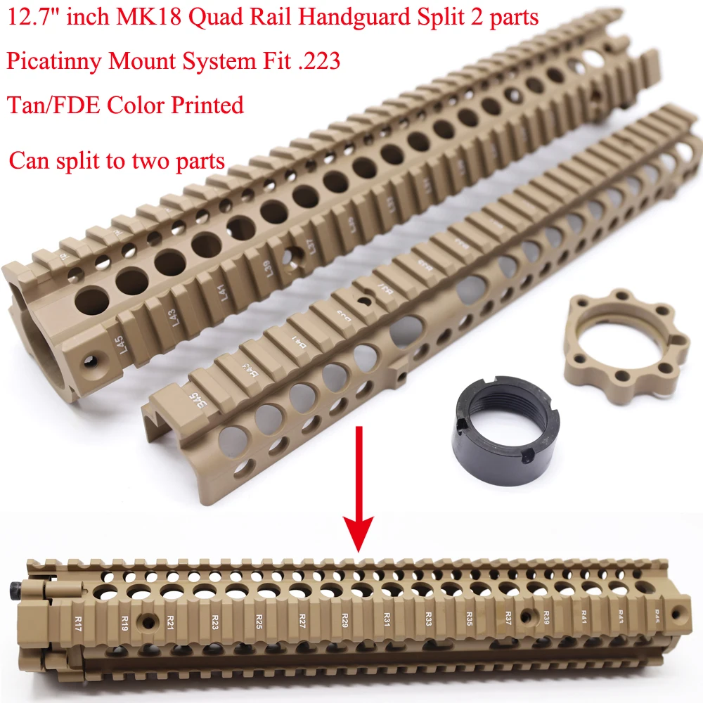 TriRock 12.7'' inch Length MK18 Quad Rail Handguard Split into 2 parts Picatinny Mount System Fit .223 _Tan/FDE Color Printed
TriRock 12.7'' inch Length MK18 Quad Rail Handguard Split into 2 parts Picatinny Mount System Fit .223 _Tan/FDE Color Printed