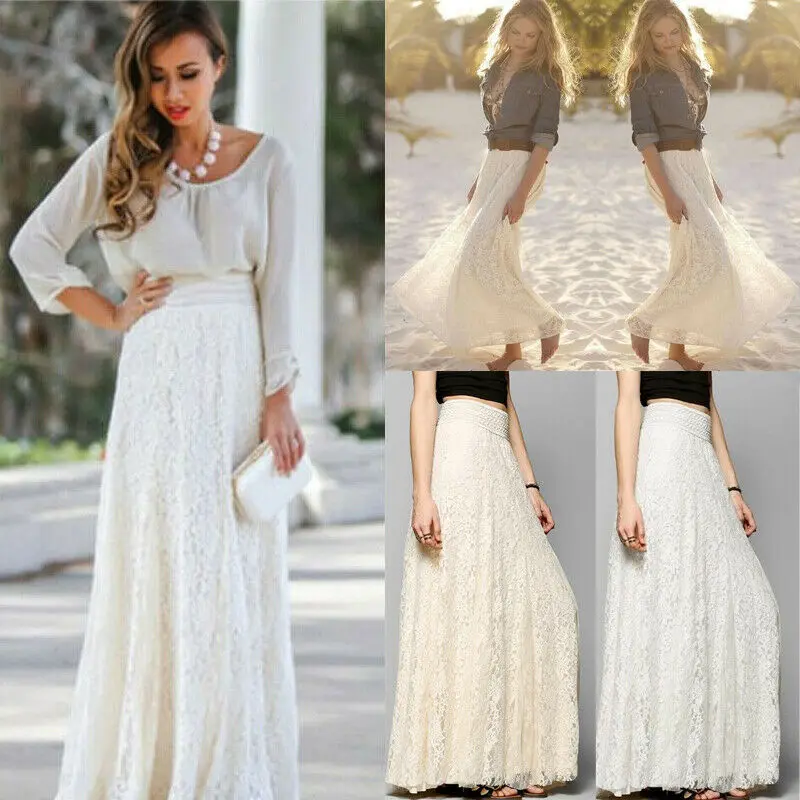 Long Elegant Skirt Female Elastic High Waist Non-transparent Boho Solid Summer Maxi Skirts Lace Casual White Beige | Женская одежда