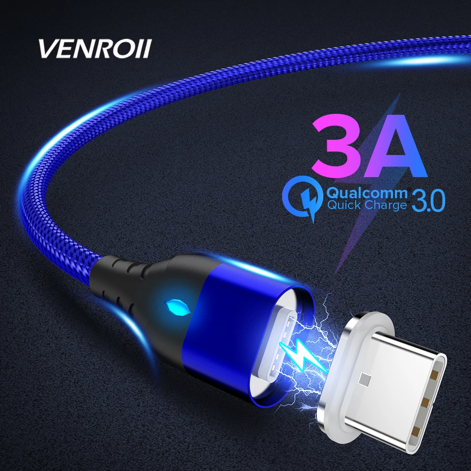 Магнитный кабель Venroii 3A Micro USB Type C быстрая зарядка магнитное зарядное устройство