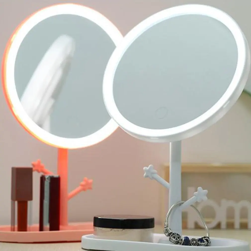 

Портативное зеркало для макияжа со светодиодный светильник кой, вращающееся настольное косметическое зеркало круглой формы с лампой для с...