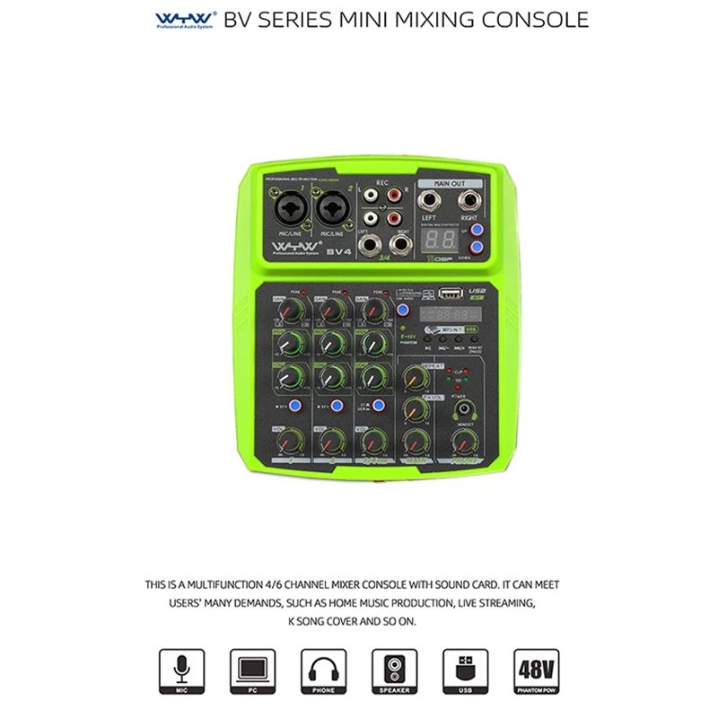 Wenyanwen 4-Channel Mini Mixer USB, Bluetooth, Digital MP3 Computer Input, 48V Phantom Power
Wenyanwen 4-Channel Mini Mixer USB, Bluetooth, Digital MP3 Computer Input, 48V Phantom Power