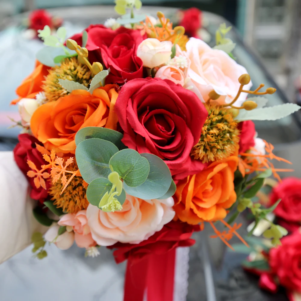 

Bright Red with Orange Wedding Flowers Ribbon Bow Bridal Holding Bouquet Fleur Artificielle Mariage Centros De Mesa Para Boda