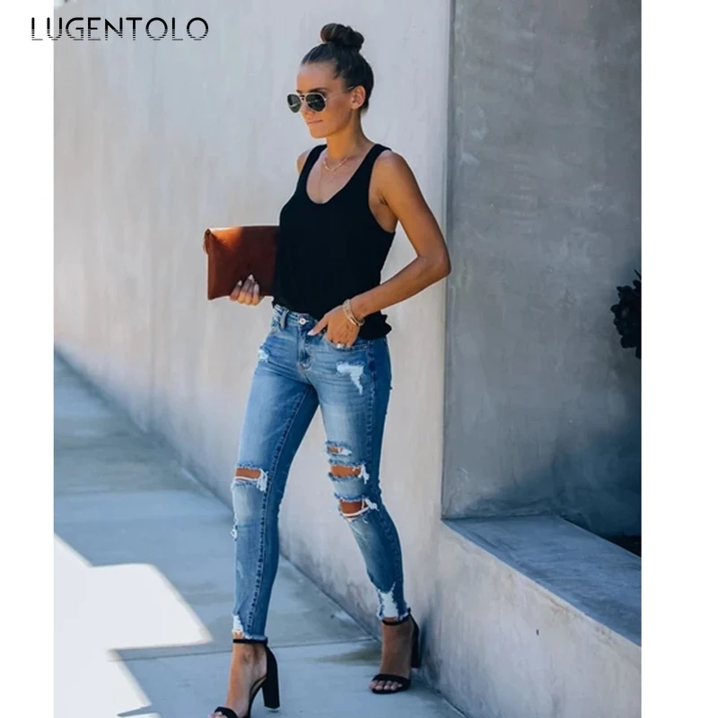 Lugentolo Women Hole Jeans Ripped Tight Slim-fit Fashion Jeans Casual Blue New Female Simple Street Long Pencil Jeans
Lugentolo Women Hole Jeans Ripped Tight Slim-fit Fashion Jeans Casual Blue New Female Simple Street Long Pencil Jeans