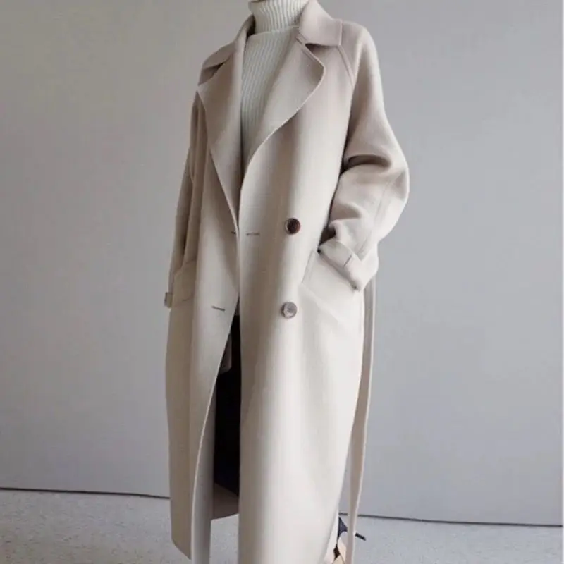

2021Winter White Wool Overcoat Coat Women Wide Turndown Collar Belt Pocket Wool Blend Coat Oversize Long Trench Outerwear Female