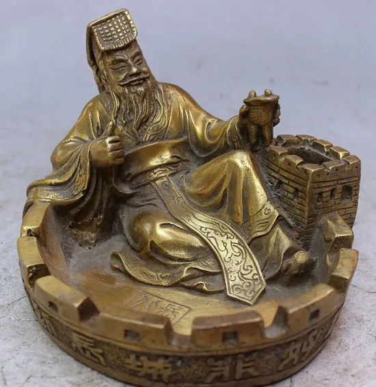 321 китайская латунная Статуэтка Happy Qin Shi Huang Hold Cup Overlie Great Wall | Дом и сад