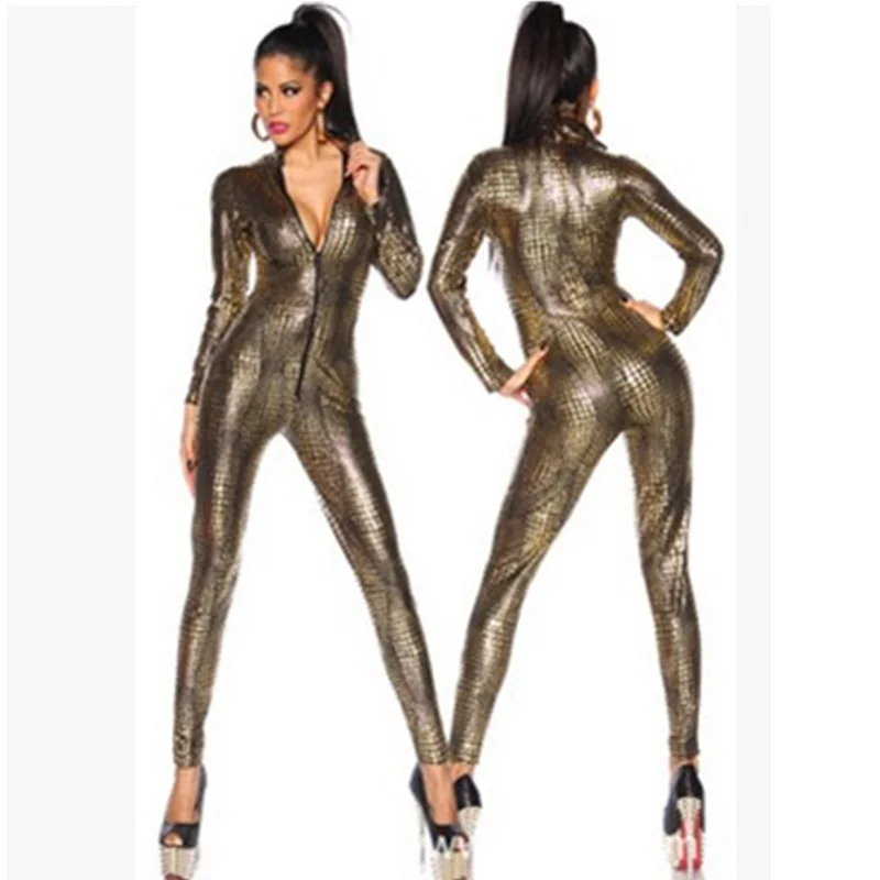 Sexy Metallic Snake Skin Bodycon Jumpsuit Women Long Sleeve Front Zip Golden Black Bodysuit Lady Faux Leather Catsuit Playsuits
Sexy Metallic Snake Skin Bodycon Jumpsuit Women Long Sleeve Front Zip Golden Black Bodysuit Lady Faux Leather Catsuit Playsuits