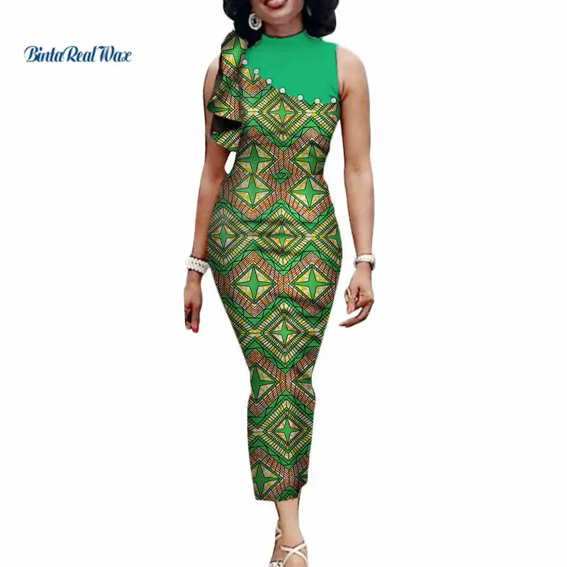 

New African Print Long Dresses for Women Bazin Riche Patchwork Straight Pearls Draped Dress African Clothing Vestidos WY3416