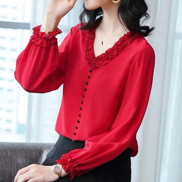 2020 Spring Fall Fashion Womens V Neck Ruffled Red Long Sleeve Imitation Silk Top Blouse , Autumn 3xl Tops Blouses for Woman
2020 Spring Fall Fashion Womens V Neck Ruffled Red Long Sleeve Imitation Silk Top Blouse , Autumn 3xl Tops Blouses for Woman