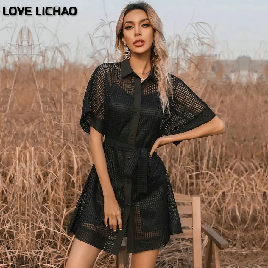 High Street Short Dress 2021 Summer Women Hollow Mesh A-line Vestidos Turn Down Collar Short Sleeves Shirt Dresses Ladies
High Street Short Dress 2021 Summer Women Hollow Mesh A-line Vestidos Turn Down Collar Short Sleeves Shirt Dresses Ladies