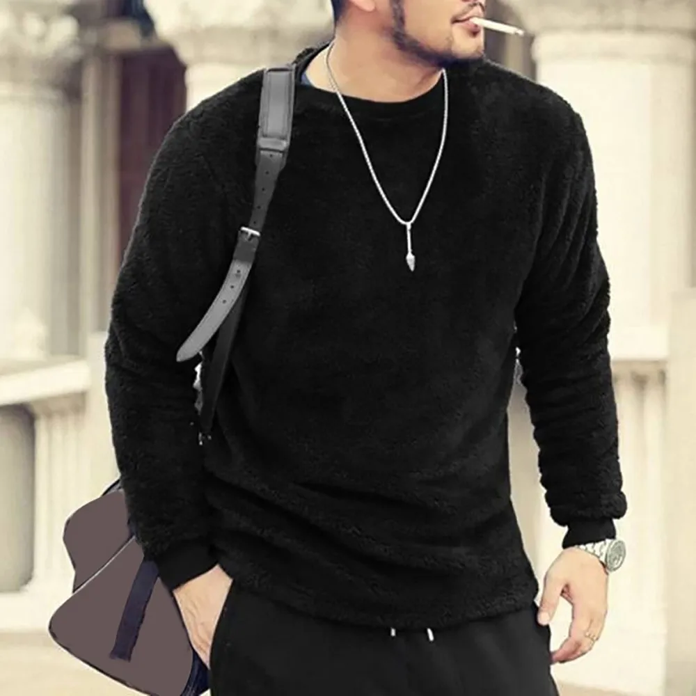 Men Autumn Winter Casual T-shirt Long Sleeve O-Neck Loose Double-Sided Plush Tops 2020 Polyester T Shirt Male Clothing Hot Sale | Мужская
