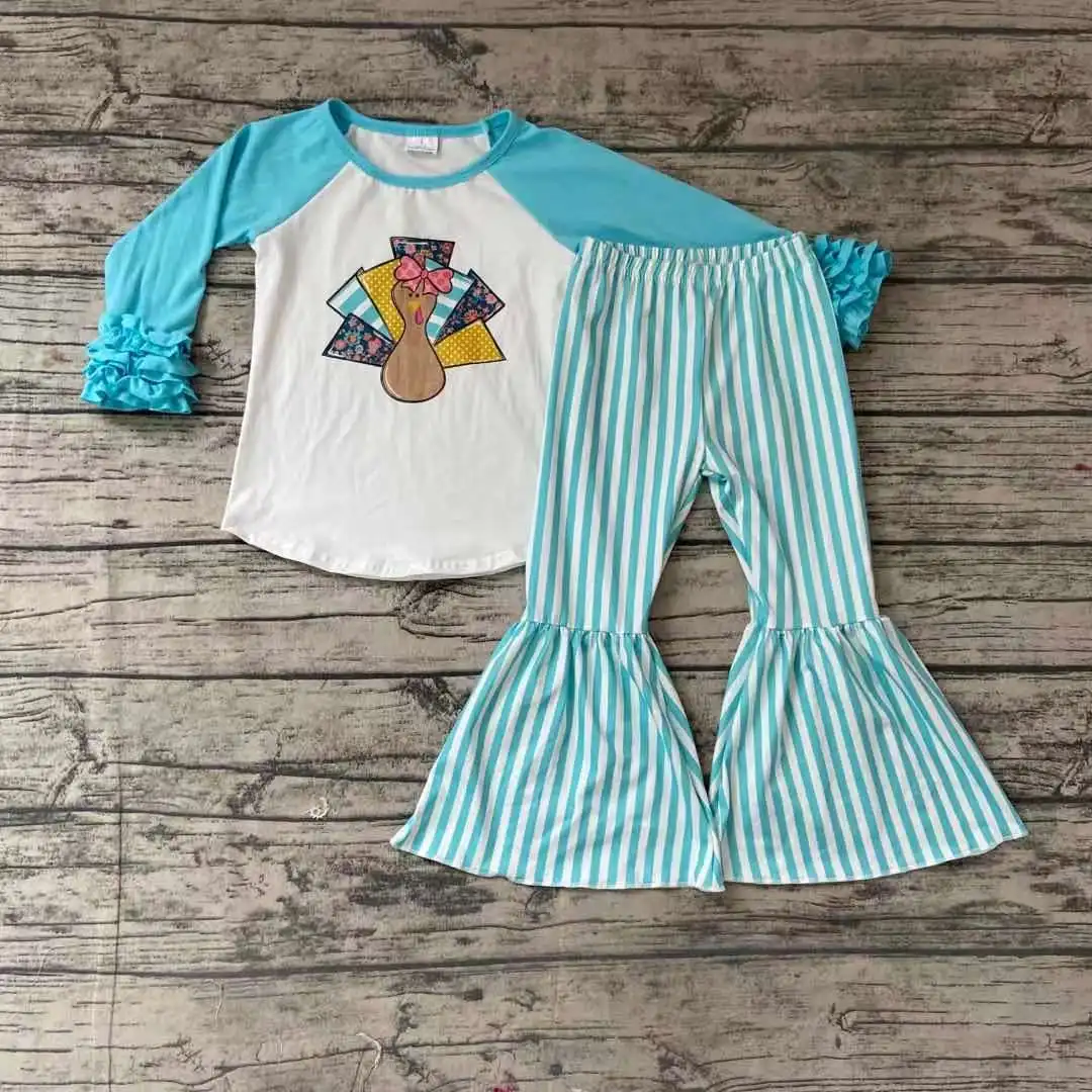 Fall/Winter Baby Girls Thanksgiving Turkey Sky Blue Stripe Bell Bottom Pants Set Kids Boutique Clothing
Fall/Winter Baby Girls Thanksgiving Turkey Sky Blue Stripe Bell Bottom Pants Set Kids Boutique Clothing