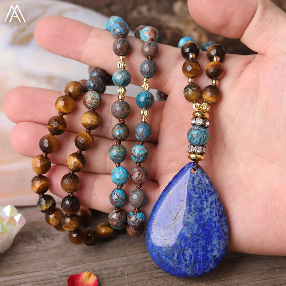 Natural Lapis Lazuli Water Drop Pendant 8mm Ocean Agates Jaspers Tiger Eye Stone Round 108 Prayer Beads Knot Handmade Necklace
Natural Lapis Lazuli Water Drop Pendant 8mm Ocean Agates Jaspers Tiger Eye Stone Round 108 Prayer Beads Knot Handmade Necklace