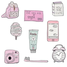 Get up early to school Alarm clock Pins book pins Pink Sweety Toothbrush Brooches Pins Backpack travel Gifts for student girls
