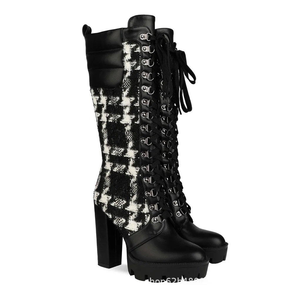 Large fashion camouflage mid barrel high heel lace up boots 
Large fashion camouflage mid barrel high heel lace up boots