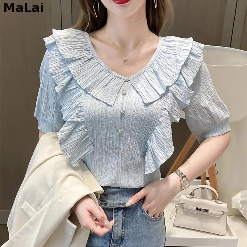 Female Chic New Tops Women Blouses Turn-Down Collar Ruffles Summer Shirts Elegant Vintage Females Streetwear Short Sleeve Loose
Female Chic New Tops Women Blouses Turn-Down Collar Ruffles Summer Shirts Elegant Vintage Females Streetwear Short Sleeve Loose