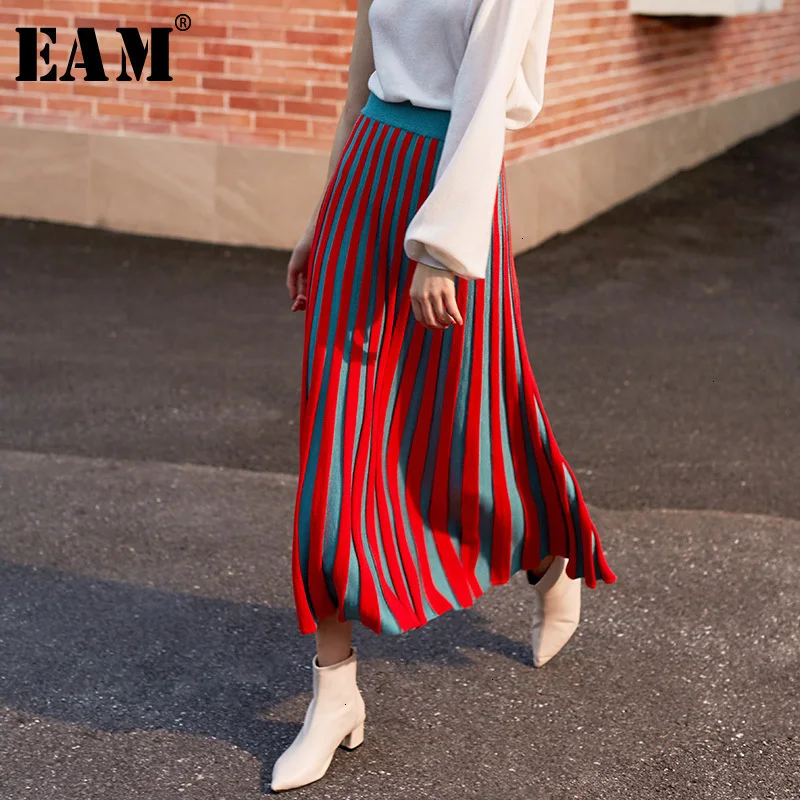 [EAM] Красная Трикотажная плиссированная юбка с высокой эластичной талией женская