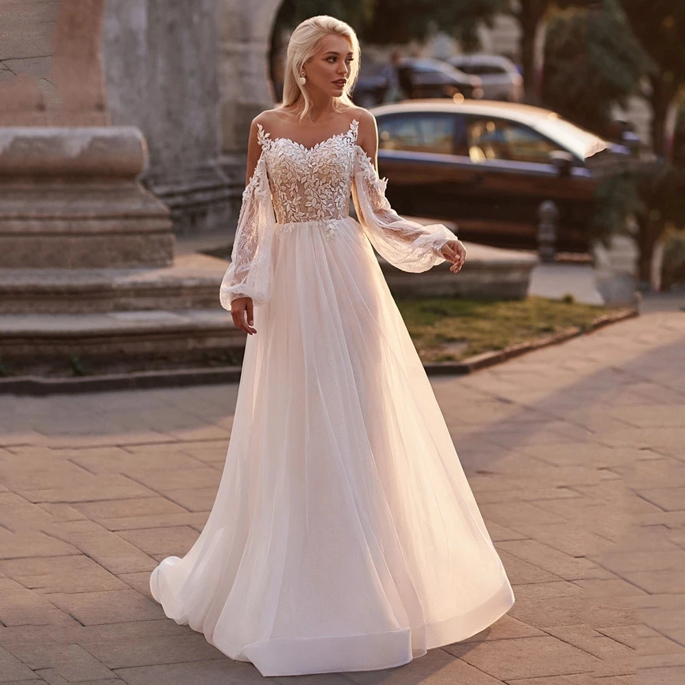 

Sexy A-line Long-sleeved Bridal Gown Transparent Illusion Shiny Lace Applique Wedding Dress Bridesmaid Mopping The Floor