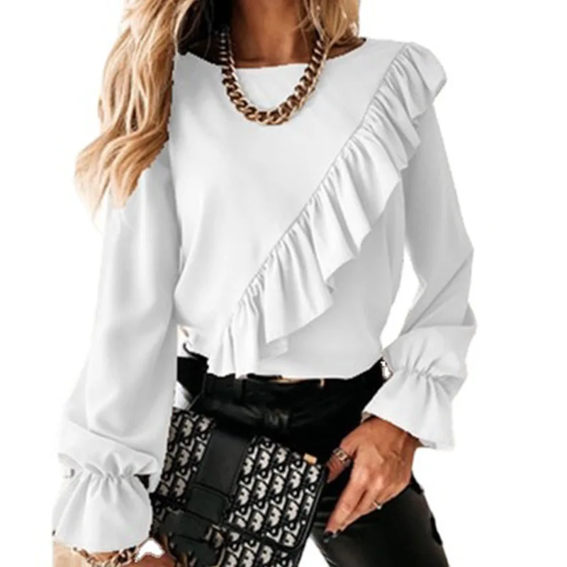 Fashion Women Spring Shirts Solid Color Ruffles Patchwork Round Neck Long Sleeve Flare Sleeve Casual Pullover Shirts Ladies Tops
Fashion Women Spring Shirts Solid Color Ruffles Patchwork Round Neck Long Sleeve Flare Sleeve Casual Pullover Shirts Ladies Tops