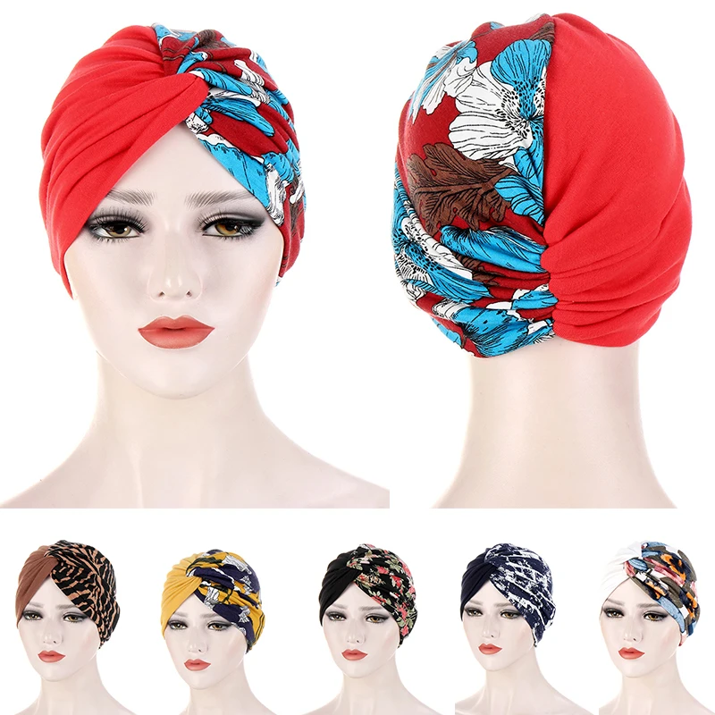 

Forehead Cross Knotted Hijab Women Floral Print Cotton Turban Color Matching Bandanas Cancer Headwrap Chemo Cap Hair Accessories