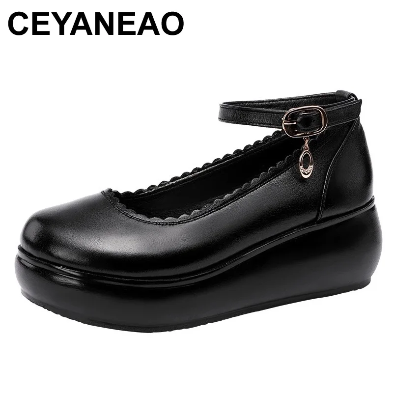 Женские туфли на танкетке ceyaneaoразмер 32-43, на среднем каблуке, Новинка осени 2021, черные туфли на платформе с круглым носком