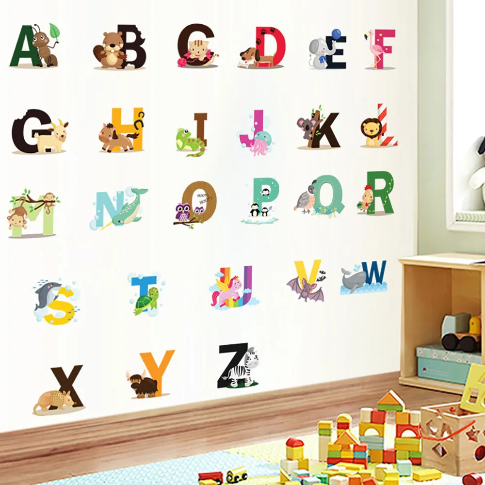 Мультяшные дикие джунгли 26 букв алфавита Животные наклейки на стену для детской