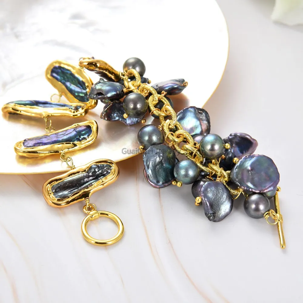

GuaiGuai Jewelry Natural Cultured Black Biwa freshwater Pearl Keshi Pearl gold color plated Chain Bracelet 8"