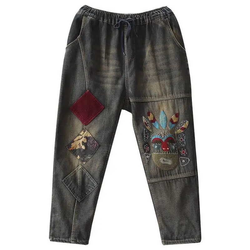 Women Jeans Autumn Winter Warm Fleece Harem Denim Pants Retro Female Elastic Waist Peking Opera Character Embroidery Trousers
Women Jeans Autumn Winter Warm Fleece Harem Denim Pants Retro Female Elastic Waist Peking Opera Character Embroidery Trousers
