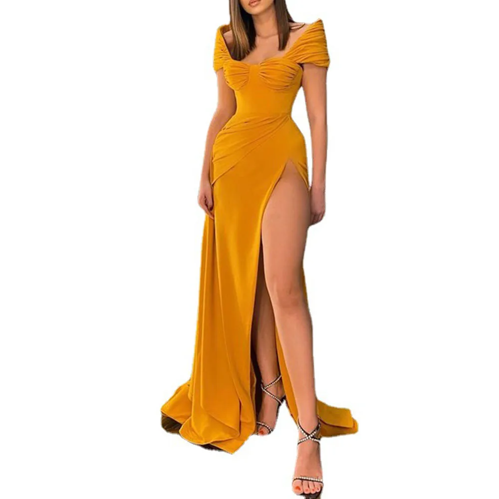 2021 Evening Dress Europe America Solid Color High Waist Split Fork Sexy One Word Collar Yellow Temperament Elegant Summer Dress
2021 Evening Dress Europe America Solid Color High Waist Split Fork Sexy One Word Collar Yellow Temperament Elegant Summer Dress