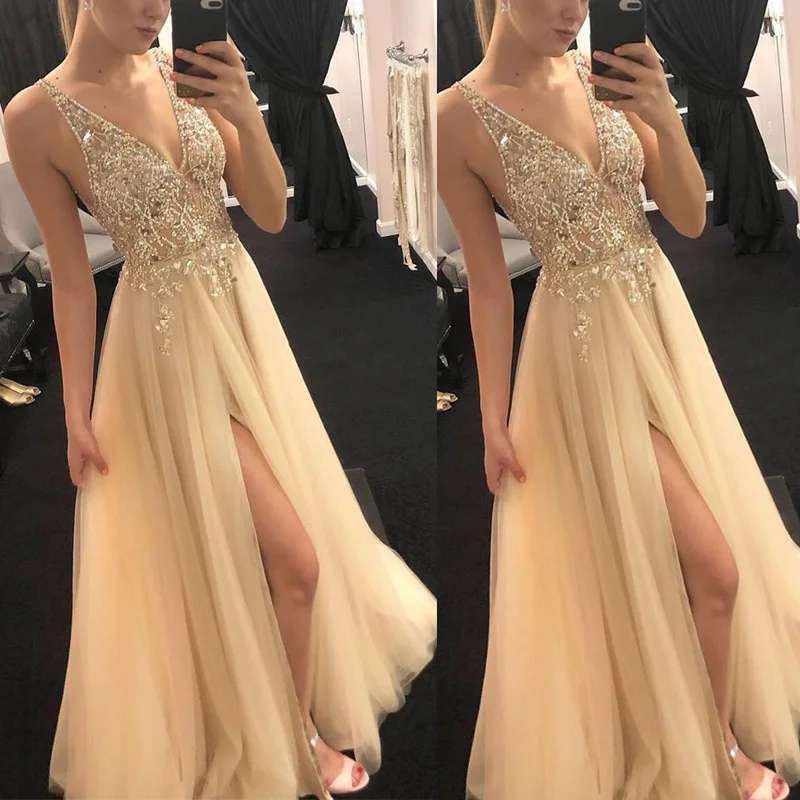 Women's New Floor Length Lace V-neck Sexy Sleeveless Dress Skirt Dresses Crystal Elegant Carpet Dresses Side Slit Evening Gowns
Women's New Floor Length Lace V-neck Sexy Sleeveless Dress Skirt Dresses Crystal Elegant Carpet Dresses Side Slit Evening Gowns