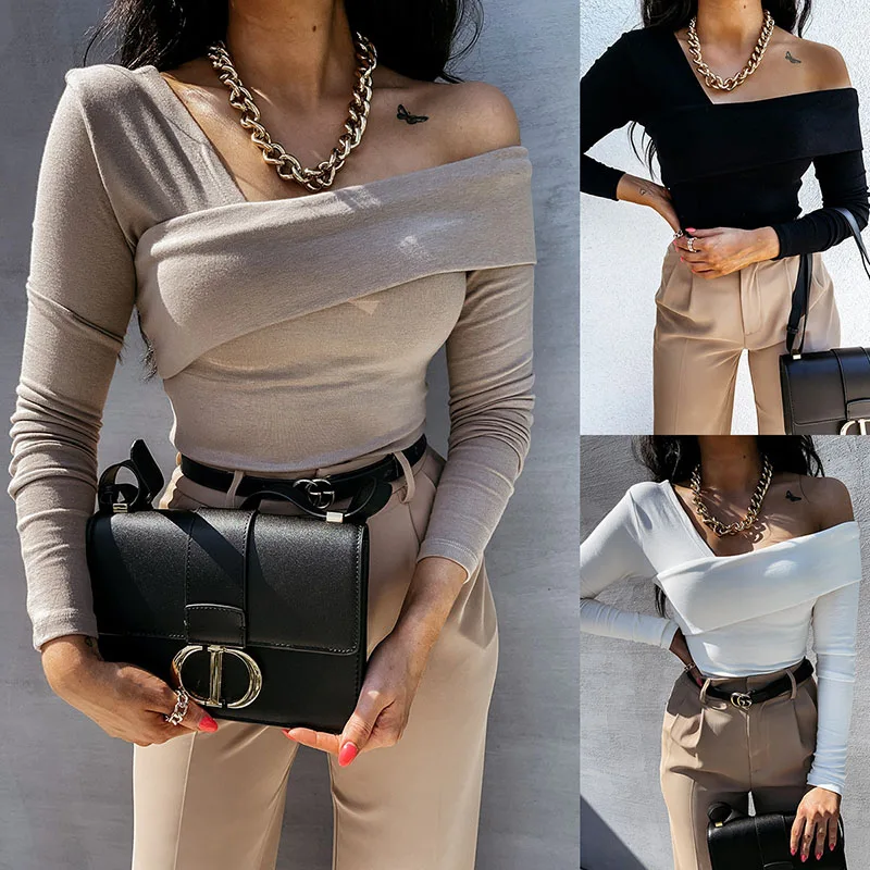 2021 Spring Autumn Skew Collar Strapless Fashion Women's T Shirts Tops Casual Bodycon Long Sleeve Solid Elegant Ladies T Shirts
2021 Spring Autumn Skew Collar Strapless Fashion Women's T Shirts Tops Casual Bodycon Long Sleeve Solid Elegant Ladies T Shirts