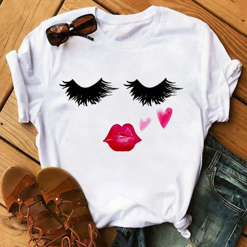 Cute Eye Lashes Red Lips Print Women T Shirt Summer Fashion Short Sleeve O Neck Female T-shirt Kawaii Ladies Shirt Tops
Cute Eye Lashes Red Lips Print Women T Shirt Summer Fashion Short Sleeve O Neck Female T-shirt Kawaii Ladies Shirt Tops