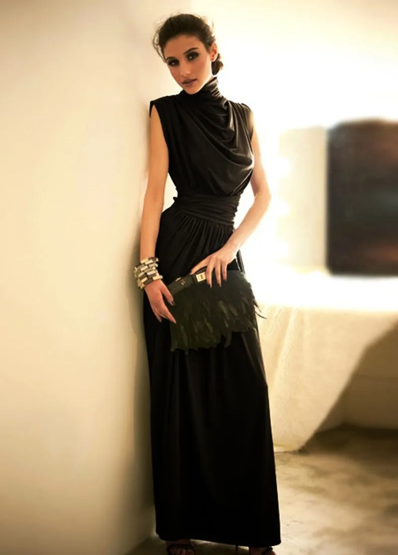 

Women's dress 2021 new sexy noble temperament self-cultivation pile collar big swing long dress female solid color