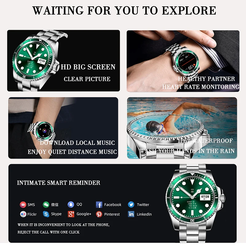 LIGE Смарт часы для мужчин Smartwatch LED полный сенсорный Экран Android IOS сердечного ритма